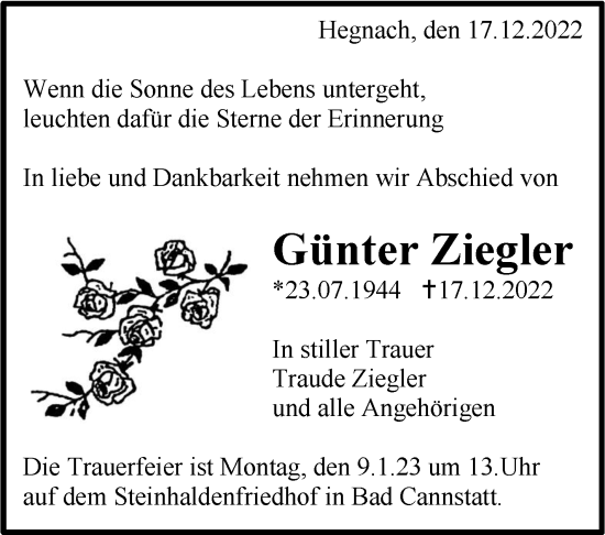 Traueranzeige von Günter Ziegler von ESSLINGER ZEITUNG/CANNSTATTER ZEITUN