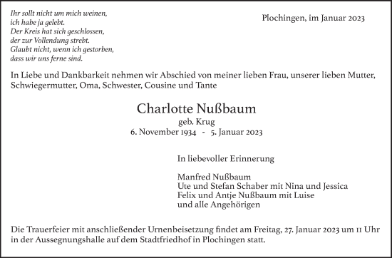 Traueranzeige von Charlotte Nußbaum von Eßlinger Zeitung/Cannstatter Zeitung