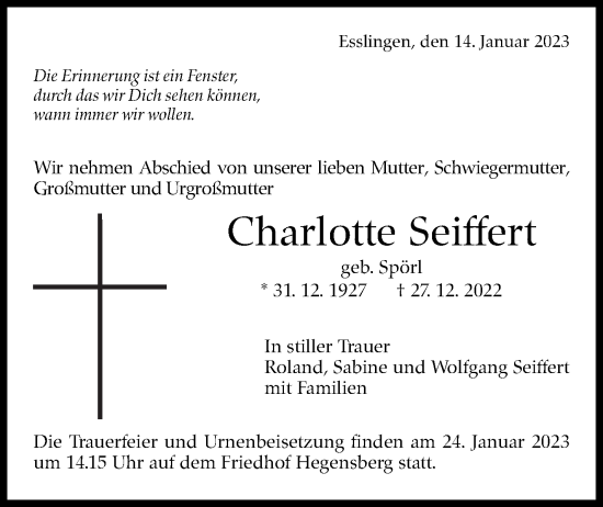 Traueranzeige von Charlotte Seiffert von Eßlinger Zeitung/Cannstatter Zeitung