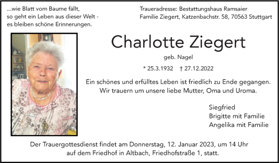 Traueranzeige von Charlotte Ziegert von Eßlinger Zeitung/Cannstatter Zeitung