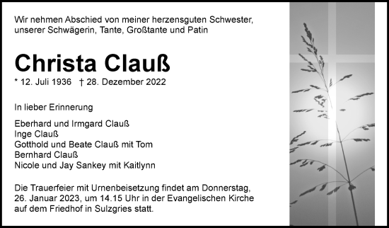 Traueranzeige von Christa Clauß von Eßlinger Zeitung/Cannstatter Zeitung