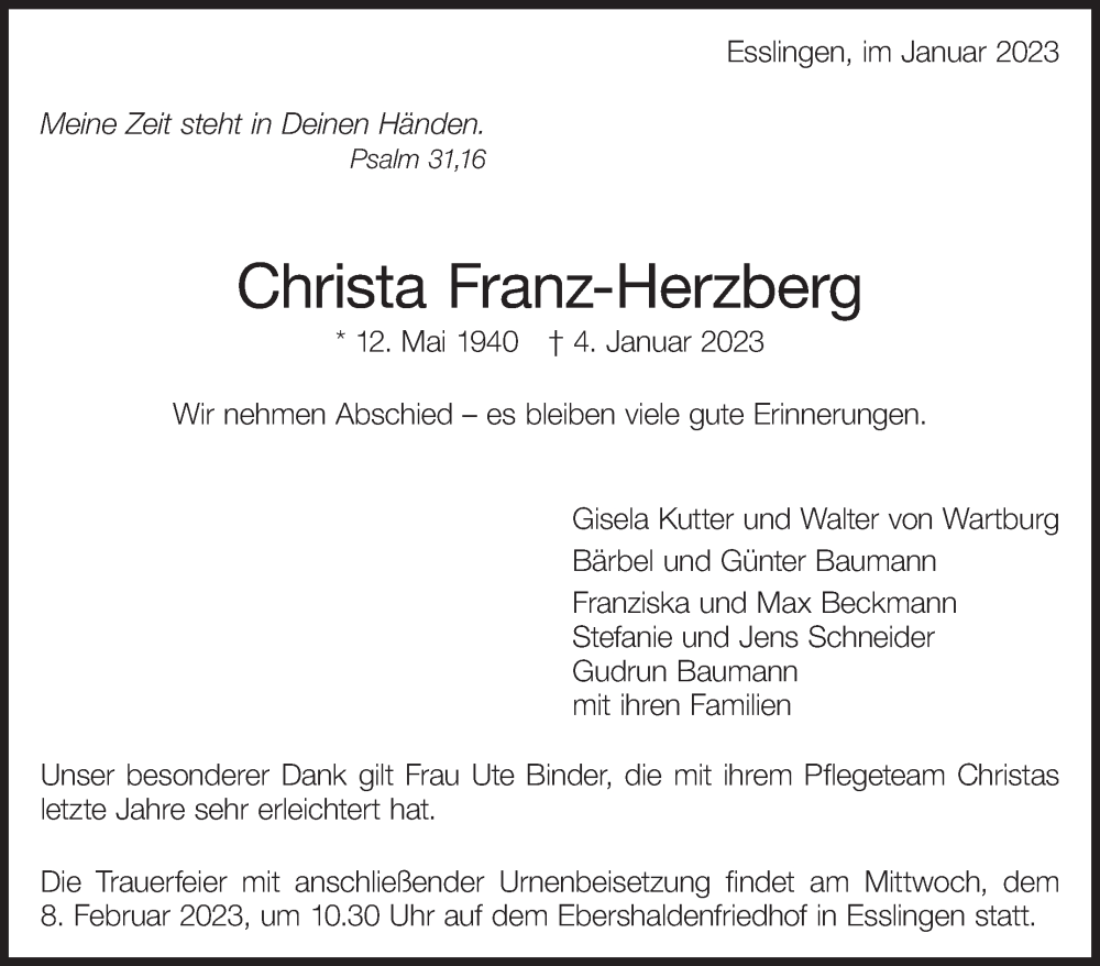 Traueranzeige für Christa Franz-Herzberg vom 14.01.2023 aus Eßlinger Zeitung/Cannstatter Zeitung