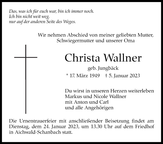 Traueranzeige von Christa Wallner von Eßlinger Zeitung/Cannstatter Zeitung