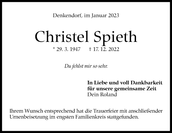 Traueranzeige von Christel Spieth von Eßlinger Zeitung/Cannstatter Zeitung