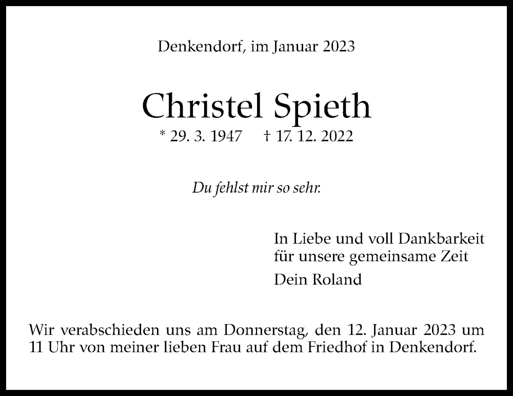  Traueranzeige für Christel Spieth vom 07.01.2023 aus Eßlinger Zeitung/Cannstatter Zeitung
