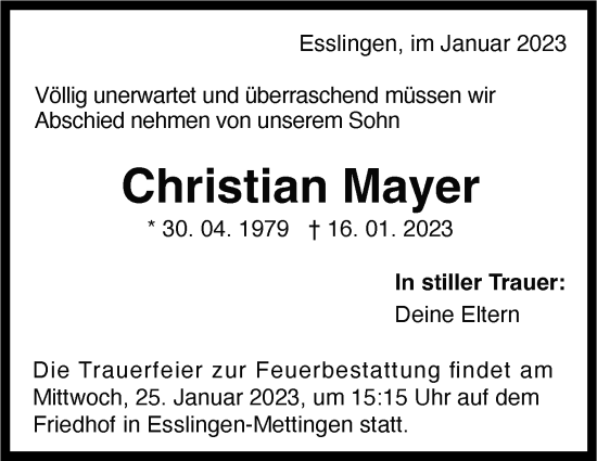 Traueranzeige von Christian Mayer von Eßlinger Zeitung/Cannstatter Zeitung