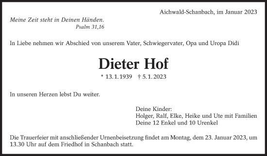 Traueranzeige von Dieter Hof von Eßlinger Zeitung/Cannstatter Zeitung