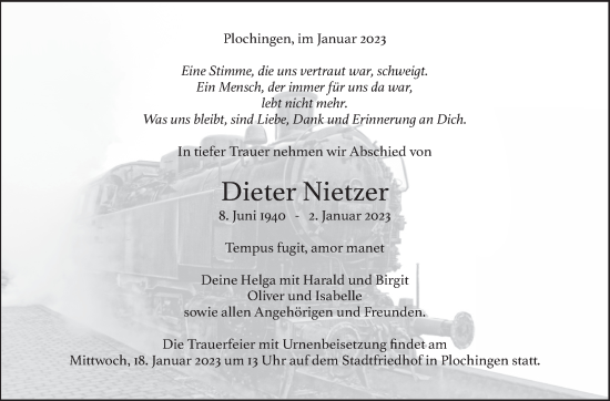 Traueranzeige von Dieter Nietzer von Eßlinger Zeitung/Cannstatter Zeitung