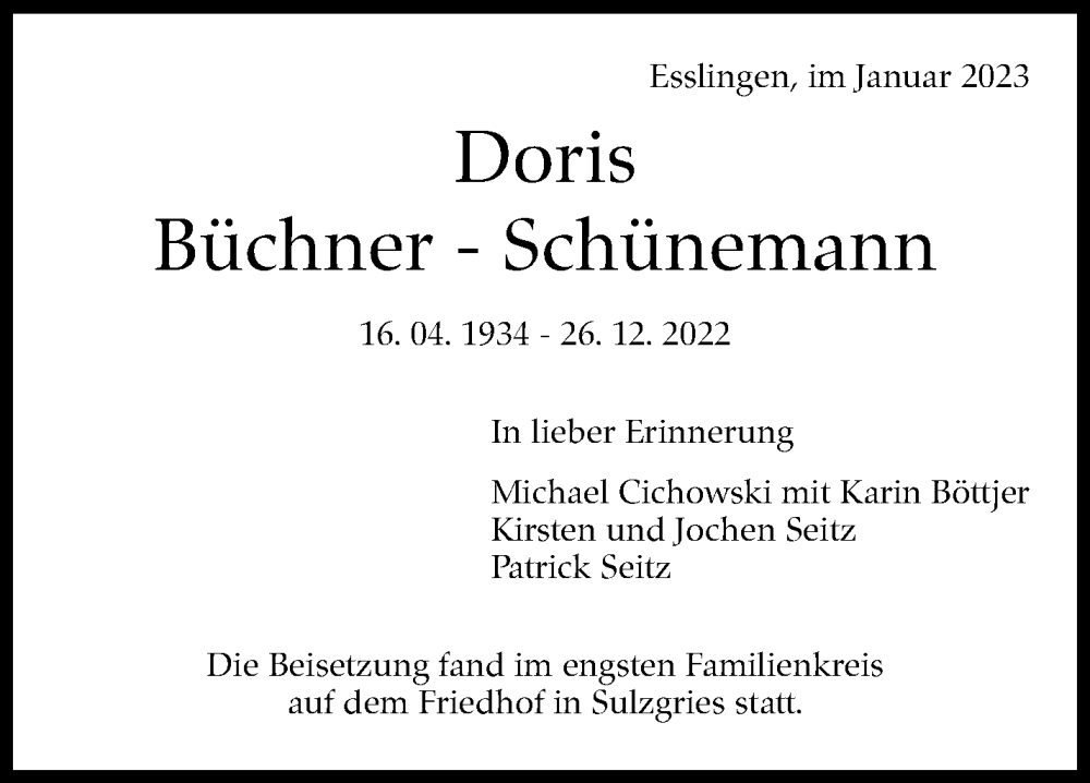  Traueranzeige für Doris Büchner-Schünemann vom 26.01.2023 aus Eßlinger Zeitung/Cannstatter Zeitung