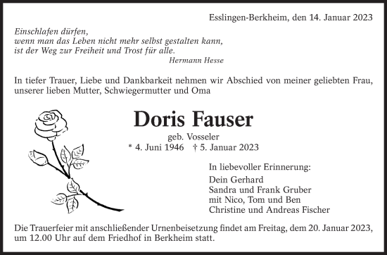 Traueranzeige von Doris Fauser von Eßlinger Zeitung/Cannstatter Zeitung