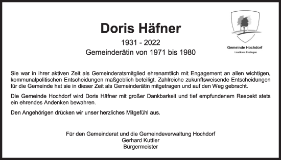 Traueranzeige von Doris Häfner von Eßlinger Zeitung/Cannstatter Zeitung