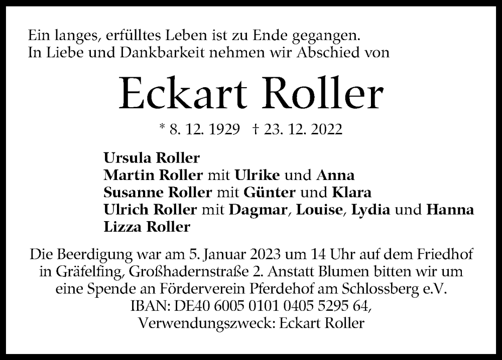  Traueranzeige für Eckart Roller vom 07.01.2023 aus Eßlinger Zeitung/Cannstatter Zeitung