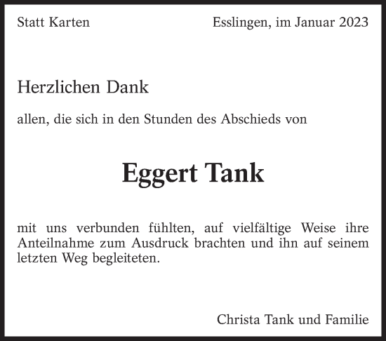 Traueranzeige von Eggert Tank von Eßlinger Zeitung/Cannstatter Zeitung