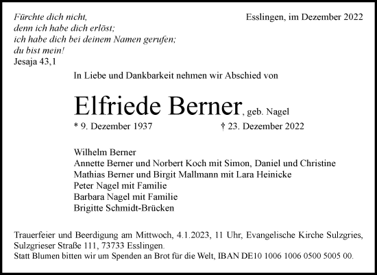 Traueranzeige von Elfriede Berner von Eßlinger Zeitung/Cannstatter Zeitung