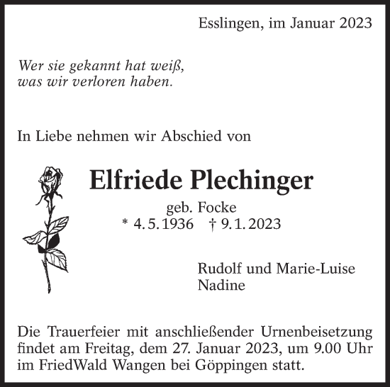 Traueranzeige von Elfriede Plechinger von Eßlinger Zeitung/Cannstatter Zeitung