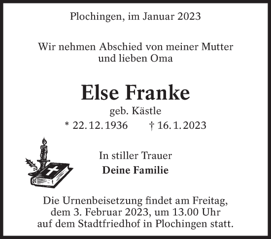 Traueranzeige von Else Franke von Eßlinger Zeitung/Cannstatter Zeitung