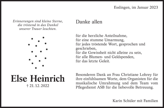 Traueranzeige von Else Heinrich von Eßlinger Zeitung/Cannstatter Zeitung