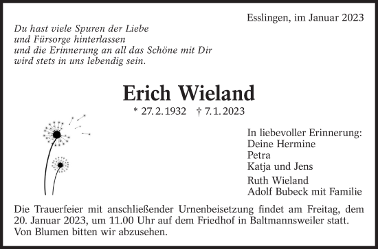 Traueranzeige von Erich Wieland von Eßlinger Zeitung/Cannstatter Zeitung