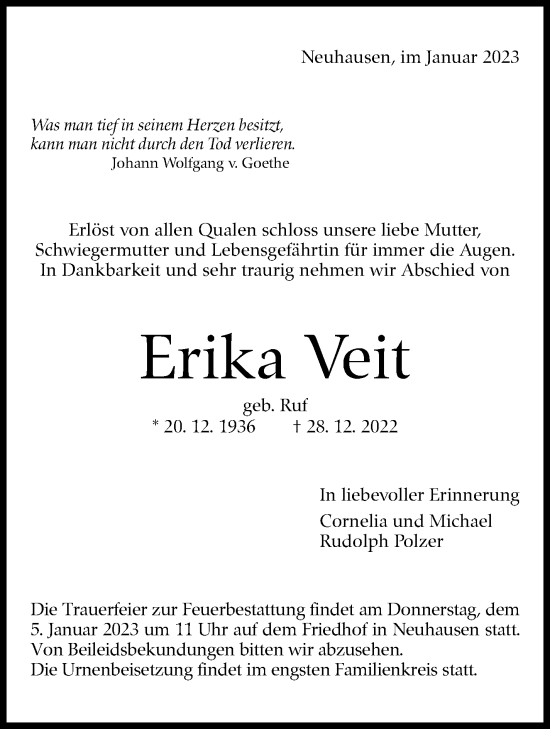 Traueranzeige von Erika Veit von Eßlinger Zeitung/Cannstatter Zeitung