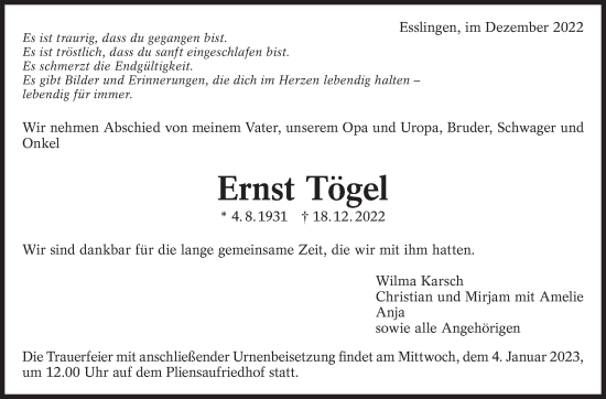 Traueranzeige von Ernst Tögel von Eßlinger Zeitung/Cannstatter Zeitung