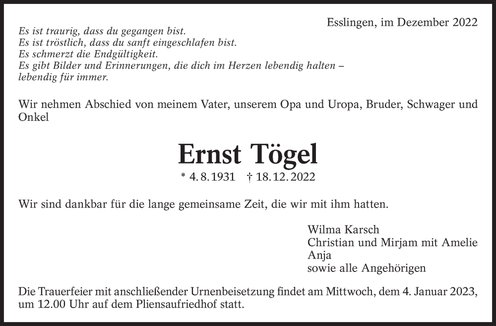 Traueranzeige für Ernst Tögel vom 31.12.2022 aus Eßlinger Zeitung/Cannstatter Zeitung