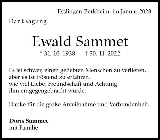 Traueranzeige von Ewald Sammet von Eßlinger Zeitung/Cannstatter Zeitung