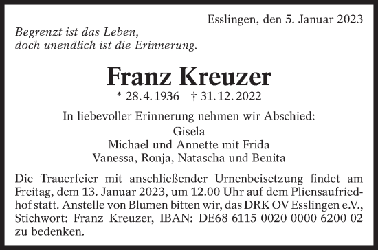 Traueranzeige von Franz Kreuzer von Eßlinger Zeitung/Cannstatter Zeitung
