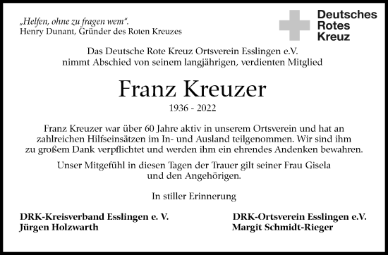 Traueranzeige von Franz Kreuzer von Eßlinger Zeitung/Cannstatter Zeitung