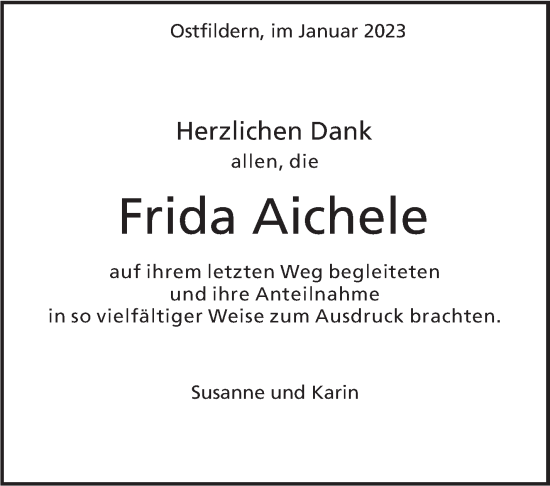 Traueranzeige von Frida Aichele von Eßlinger Zeitung/Cannstatter Zeitung