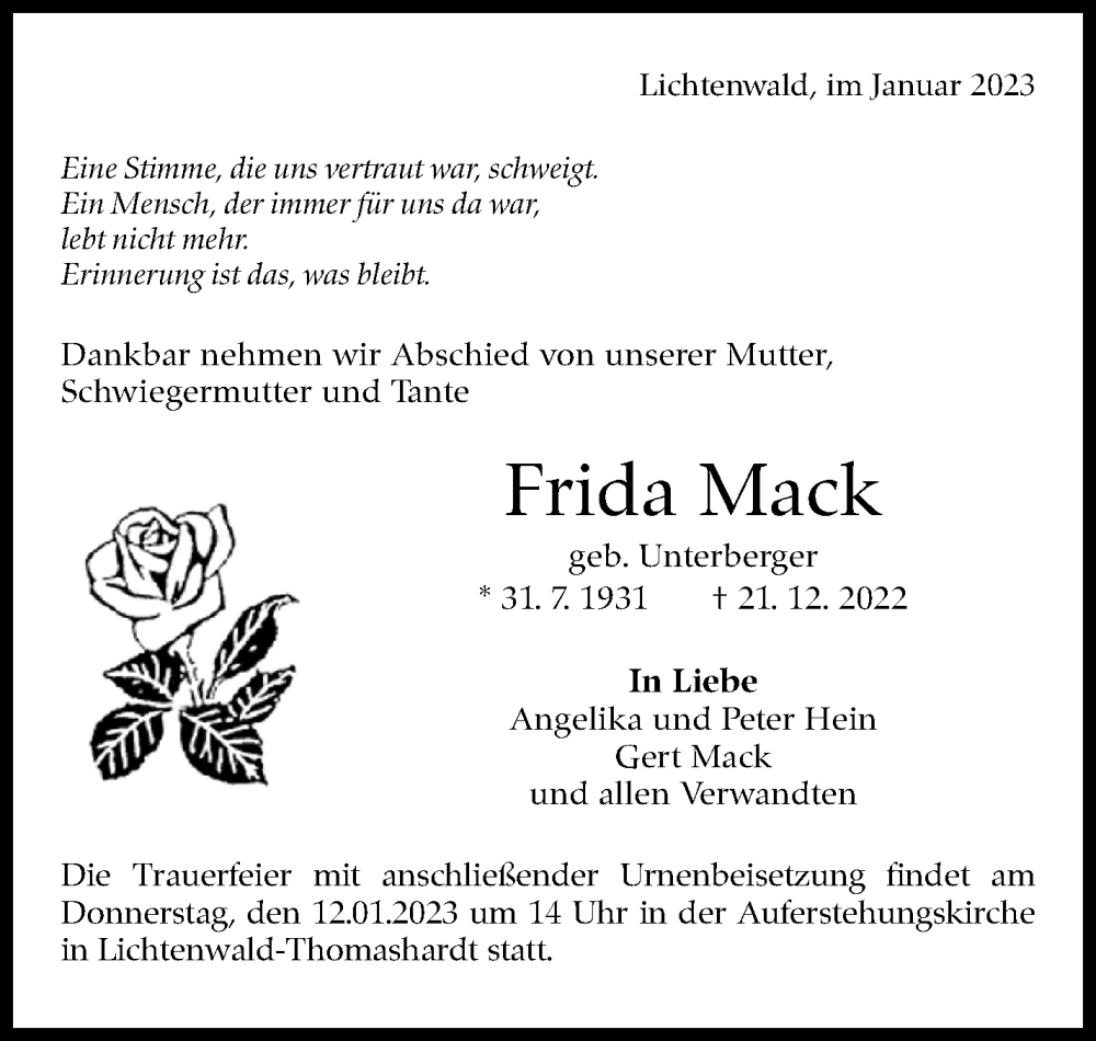  Traueranzeige für Frida Mack vom 04.01.2023 aus Eßlinger Zeitung/Cannstatter Zeitung