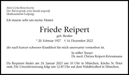 Traueranzeige von Friede Reipert von Eßlinger Zeitung/Cannstatter Zeitung