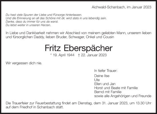 Traueranzeige von Fritz Eberspächer von Eßlinger Zeitung/Cannstatter Zeitung