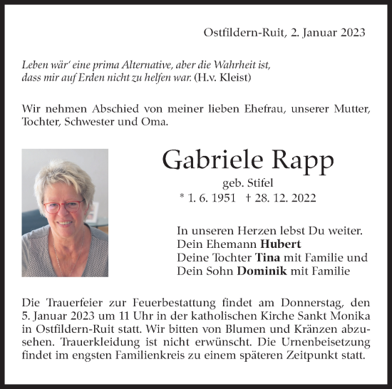 Traueranzeige von Gabriele Rapp von Eßlinger Zeitung/Cannstatter Zeitung