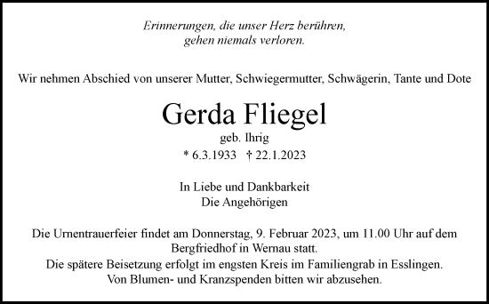 Traueranzeige von Gerda Fliegel von Eßlinger Zeitung/Cannstatter Zeitung