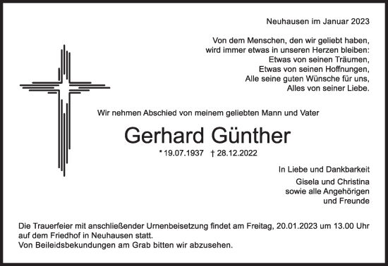 Traueranzeige von Gerhard Günther von Eßlinger Zeitung/Cannstatter Zeitung