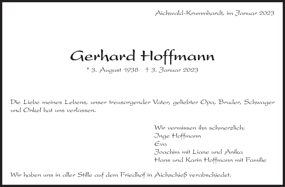  Traueranzeige für Gerhard Hoffmann vom 21.01.2023 aus Eßlinger Zeitung/Cannstatter Zeitung