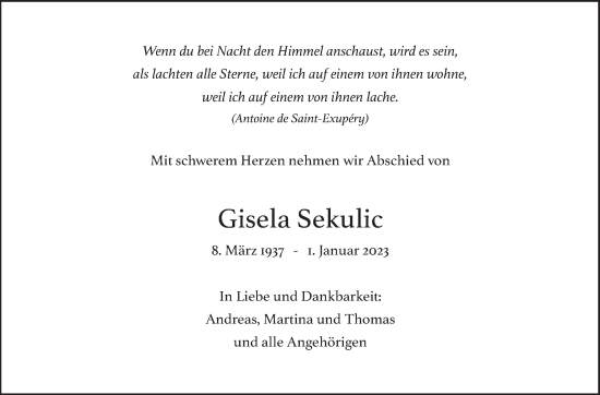 Traueranzeige von Gisela Sekulic von Eßlinger Zeitung/Cannstatter Zeitung