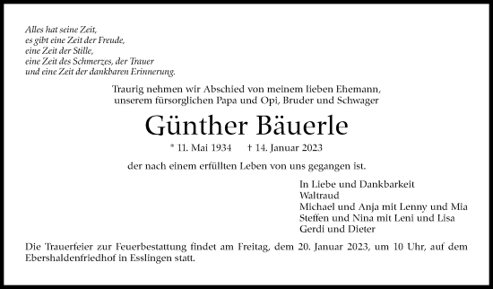 Traueranzeige von Günther Bäuerle von Eßlinger Zeitung/Cannstatter Zeitung