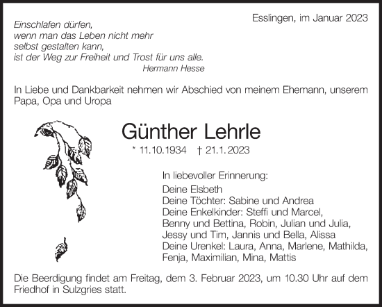 Traueranzeige von Günther Lehrle von Eßlinger Zeitung/Cannstatter Zeitung