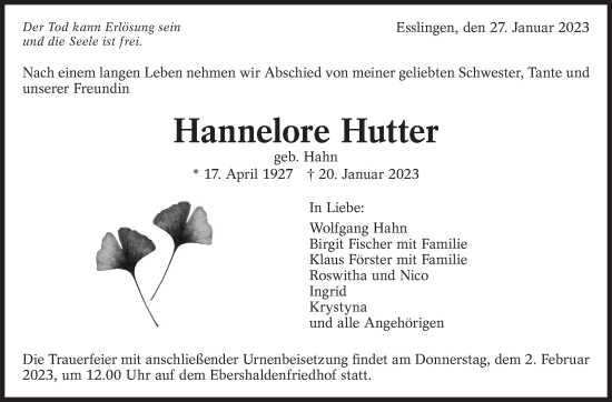 Traueranzeige von Hannelore Hutter von Eßlinger Zeitung/Cannstatter Zeitung