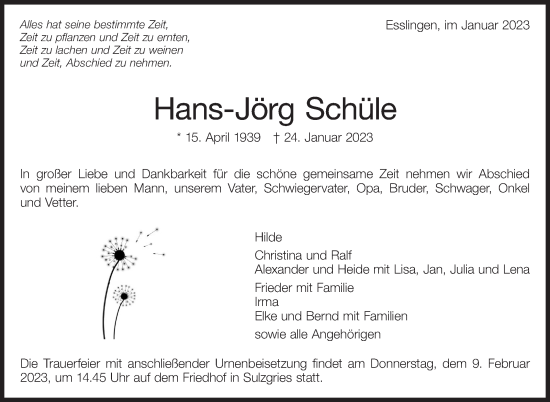 Traueranzeige von Hans-Jörg Schüle von Eßlinger Zeitung/Cannstatter Zeitung