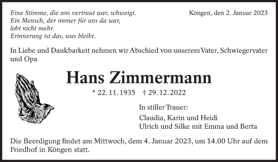 Traueranzeige von Hans Zimmermann von Eßlinger Zeitung/Cannstatter Zeitung
