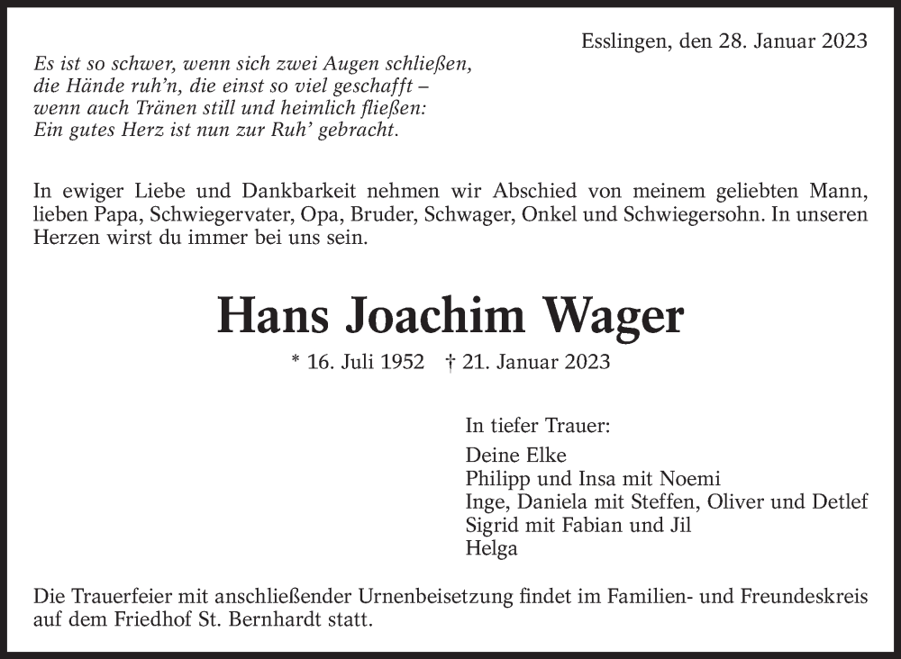 Traueranzeige für Hans Joachim Wager vom 28.01.2023 aus Eßlinger Zeitung/Cannstatter Zeitung