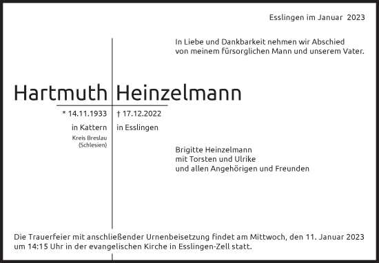 Traueranzeige von Hartmuth Heinzelmann von Eßlinger Zeitung/Cannstatter Zeitung