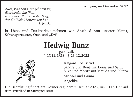 Traueranzeige von Hedwig Bunz von Eßlinger Zeitung/Cannstatter Zeitung
