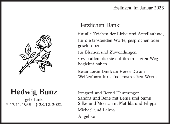 Traueranzeige von Hedwig Bunz von Eßlinger Zeitung/Cannstatter Zeitung