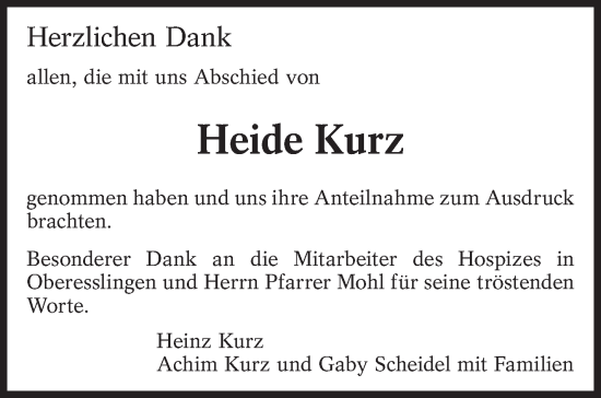 Traueranzeige von Heide Kurz von Eßlinger Zeitung/Cannstatter Zeitung