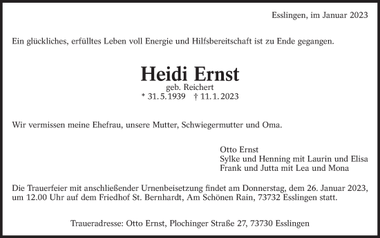 Traueranzeige von Heidi Ernst von Eßlinger Zeitung/Cannstatter Zeitung