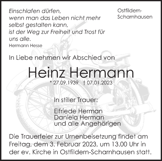 Traueranzeige von Heinz Hermann von Eßlinger Zeitung/Cannstatter Zeitung