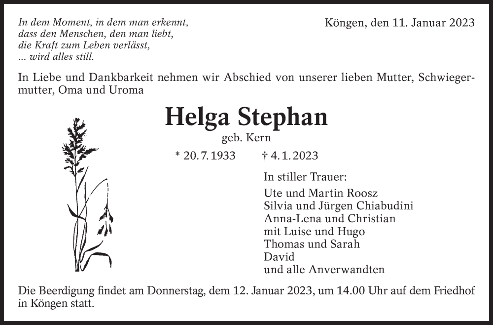  Traueranzeige für Helga Stephan vom 11.01.2023 aus Eßlinger Zeitung/Cannstatter Zeitung